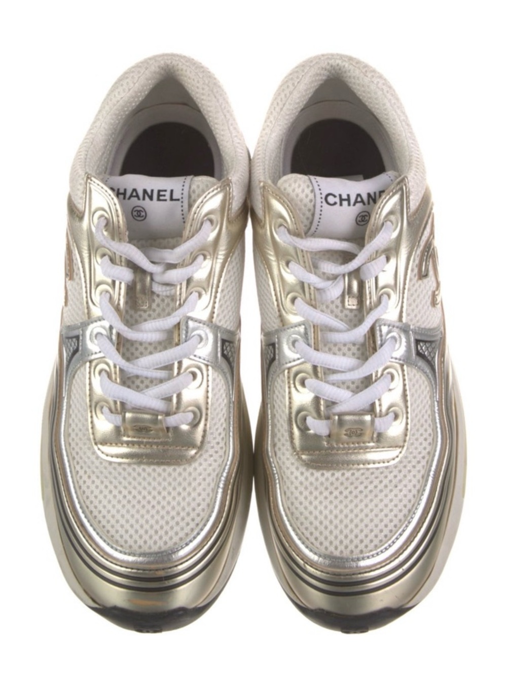 CHANEL Men’s Silver and White Runner Sneakers